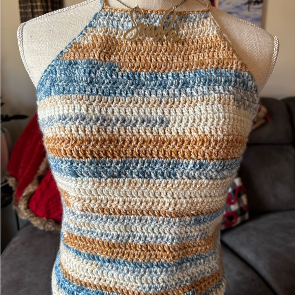 Tops - Striped Crochet Halter Top in Blues and Browns, Handmade 🤎💙